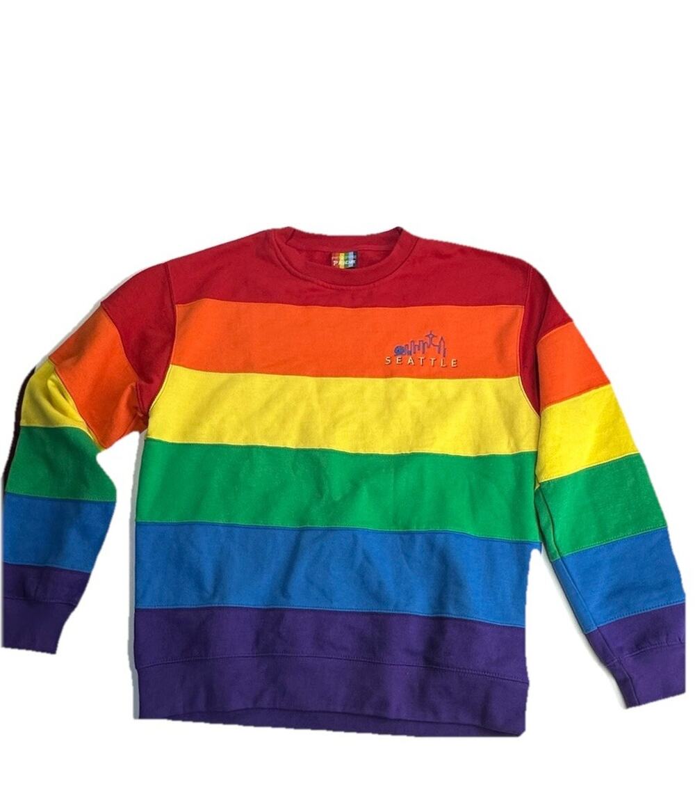 Isaac’s Designs Pride Seattle Rainbow Embroidered Striped Pullover Sweatshirt M